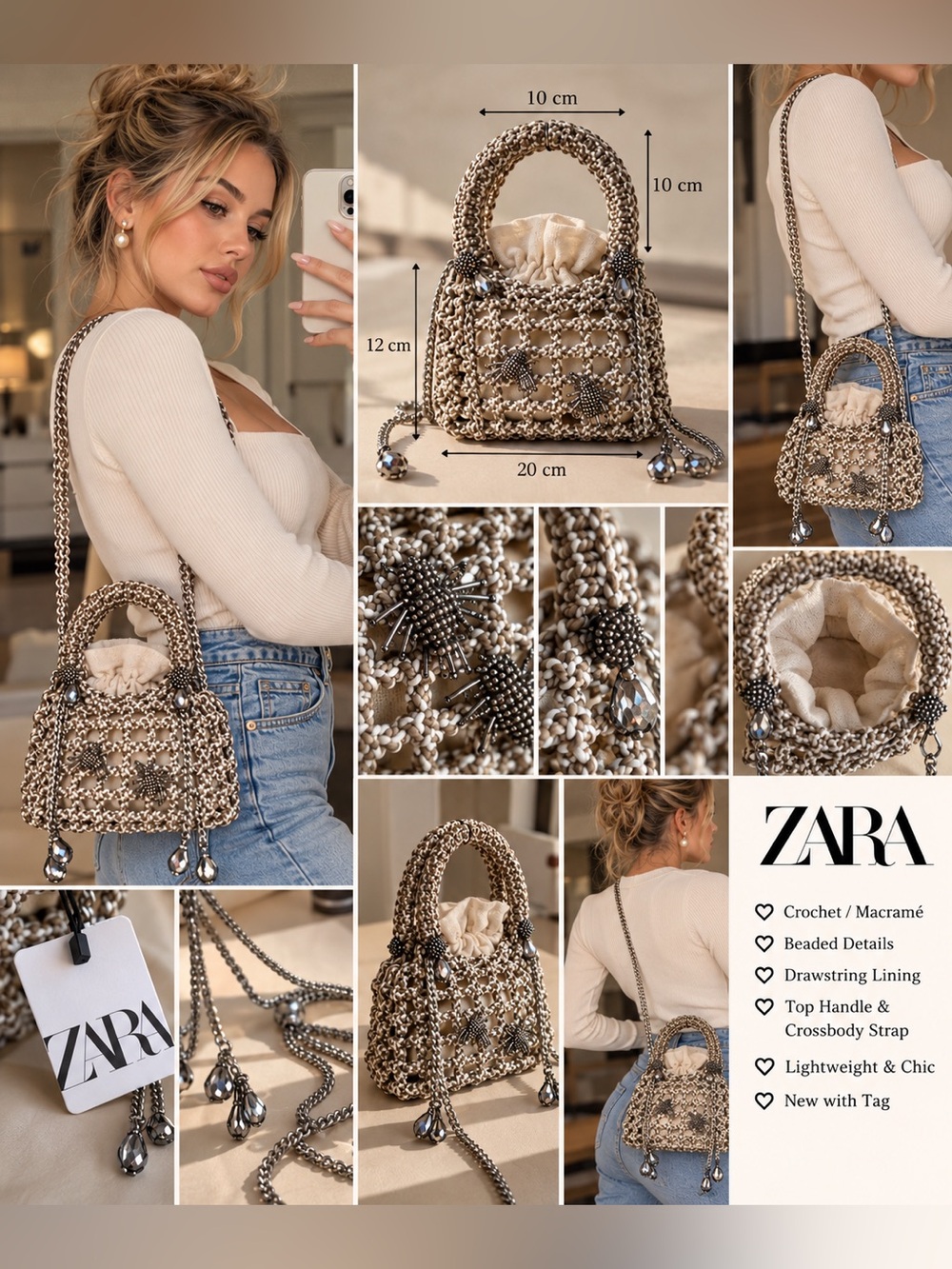 ZARA Beige Crochet Beaded Top-Handle & Crossbody Mini Bag